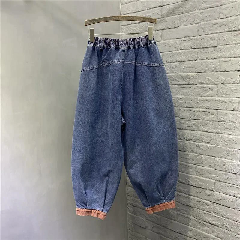 New Arrival Spring Arts Style Women Elastic Waist Casual Cotton Denim Harem Pants Double Pocket vintage Blue Loose Jeans C125