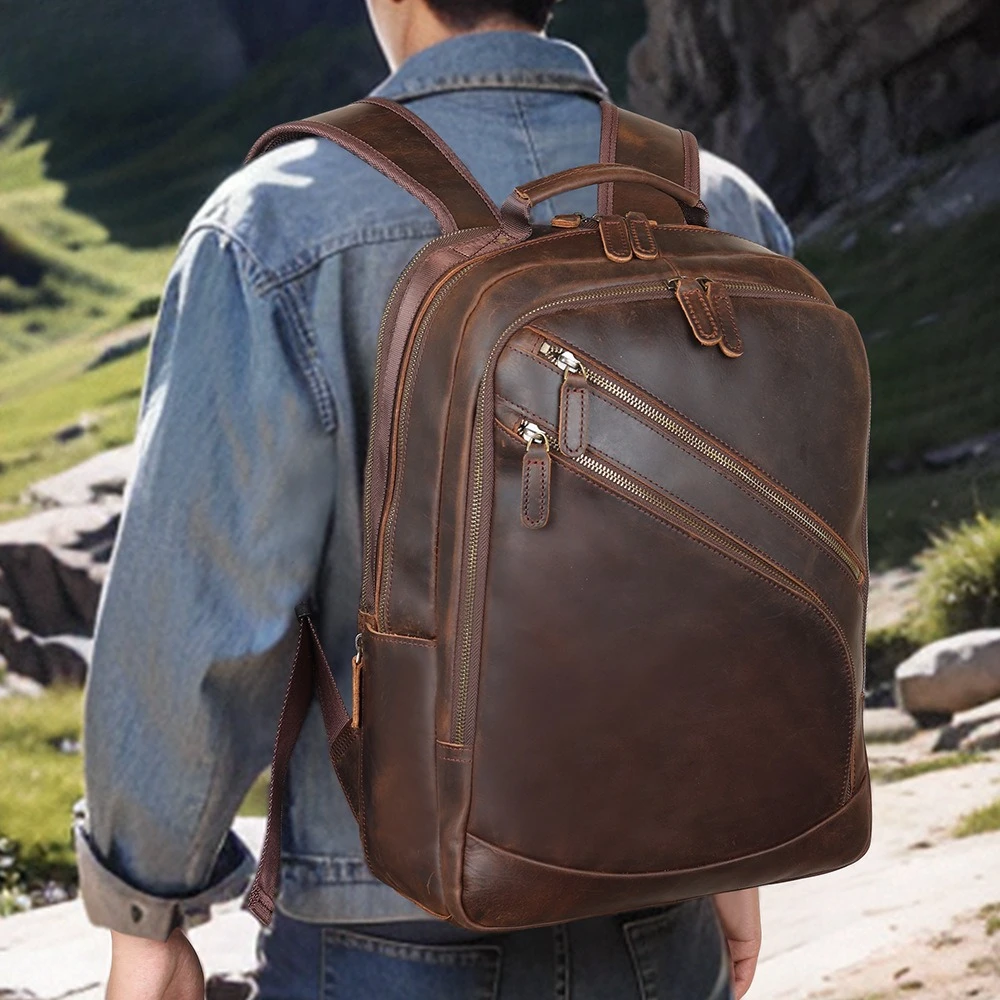

Рюкзак из воловьей кожи с верхним слоем, мужской рюкзак, компьютерная сумка, большая вместительная походная дорожная сумка в стиле ретро, модная школьная сумка