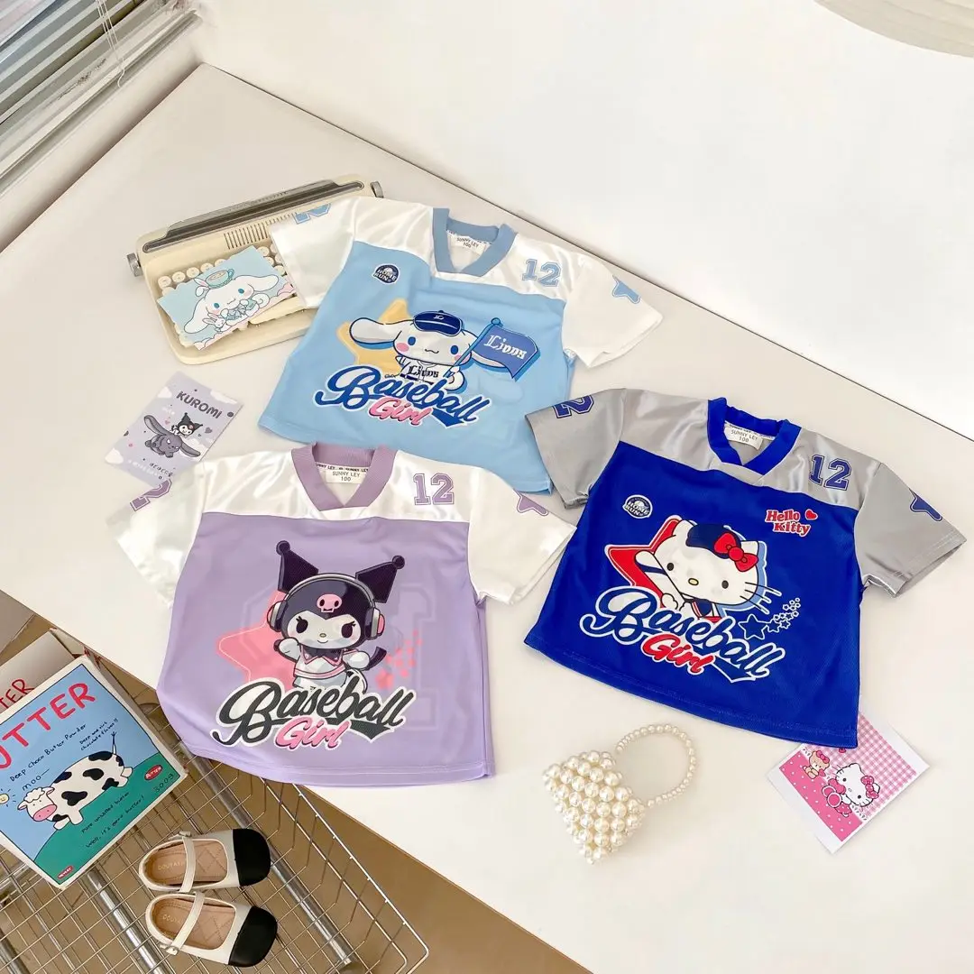 2025 Women's Summer Short sleeved T-shirt Children's Cartoon Cinnamoroll Short sleeved Sweet Cool American Sanrio Baseball Shirt