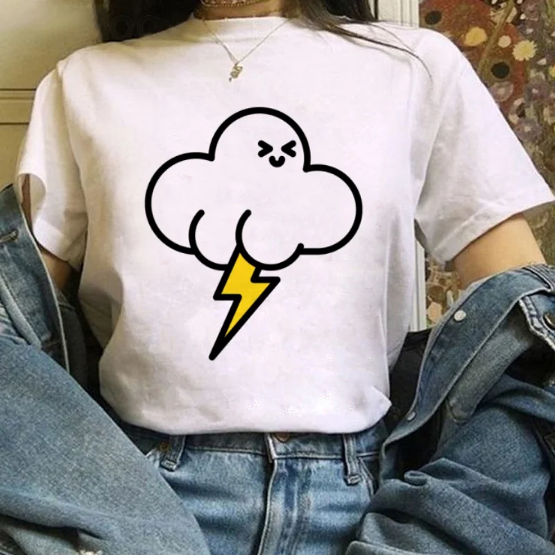 Fun Women's Printed White T-Shirt Short Sleeved Casual Top Cartoon Lightning Cloud Pattern Popular Summer Round Neck T-Shirt