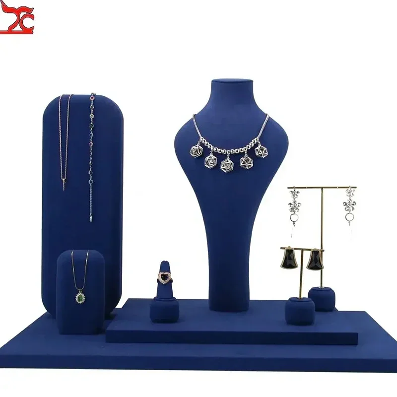 

Jewelry Display Stand Ring Earrings Bracelet Necklace Stand Blue Fabric Set Combination Sample Exhibition Display Props