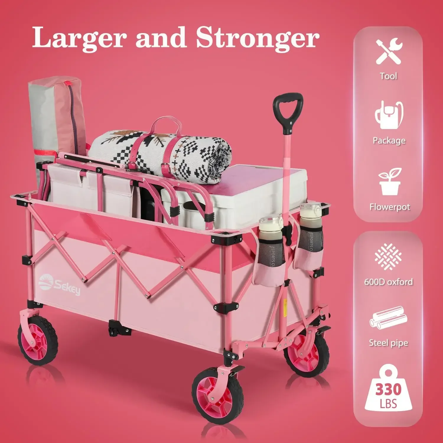 220L Collapsible Foldable Wagon with 330lbs Weight Capacity, Heavy Duty Folding Wagon Cart