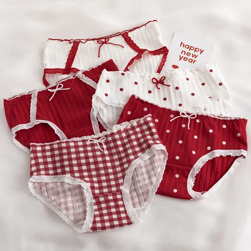 Cute Women\'s Underwear Red Point Briefs for Girls Bowknot Plaid Female Panties Comfort Seamless Ladies Lingerie Mid Waist Pantys