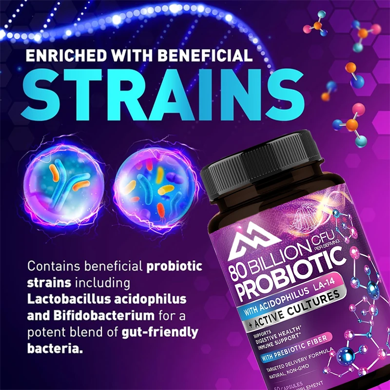 80 billion CFU probiotic Lactobacillus acidophilus, Bifidobacterium, and Probiotics Non GMO, gluten and dairy free, 60 capsules