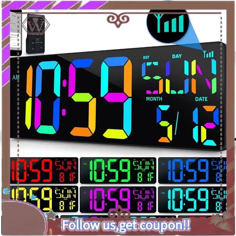 A95D-Large Digital Wall Clock 16.5" Bluetooth Auto Time Sync Led Digital Clock Display 11 RGB Colors Digital Calendar Clock US P