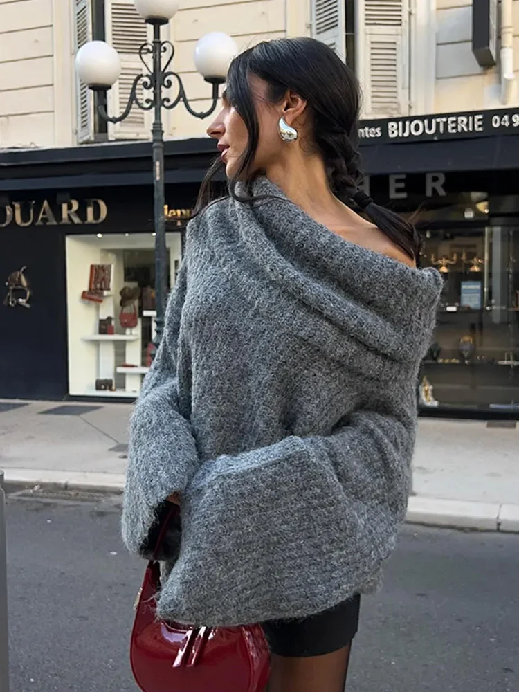 Elegant Grey Off Shoulder Long Sleeve Sweater Autumn Fashion Oversized Knitted Pullover 2024 New Female High Street Jumper