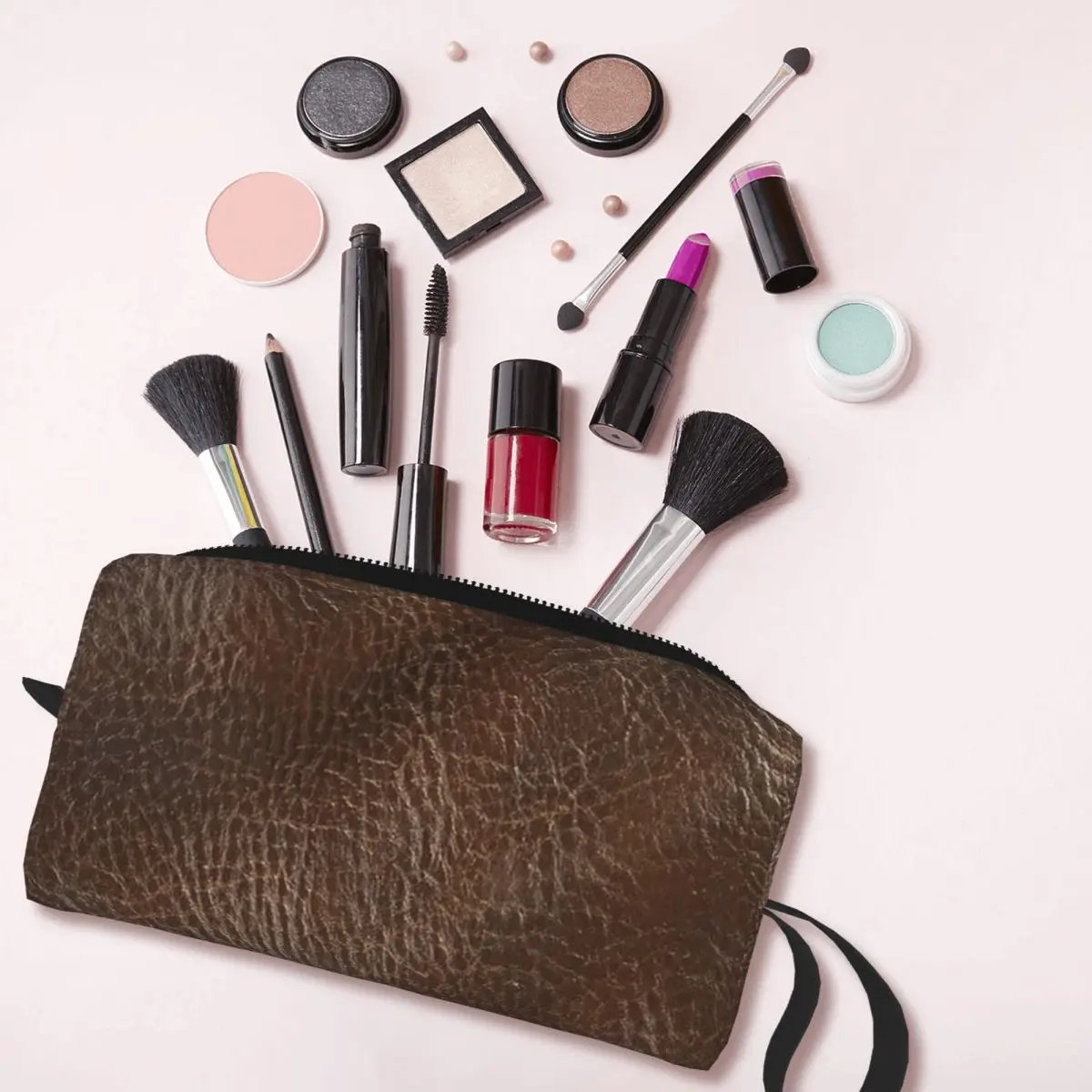 Dark Brown Leather Effect Material Makeup Bag Cosmetic Organizer Storage Dopp Kit for Women Beauty Travel Pencil Case