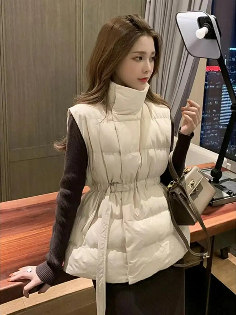 

Faionable Women's Cotton Vest Jaet Waist-Cinching Stand Collar All-Match Slimming Outerwear Commute Sle Long Sve Zipper