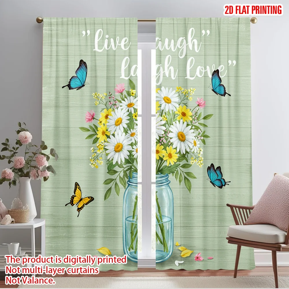 

2pcs 2D flat printing Window Treatment Curtains Live Laugh Love Daisies Butterflies Polyester Without Electricity Birthday Party