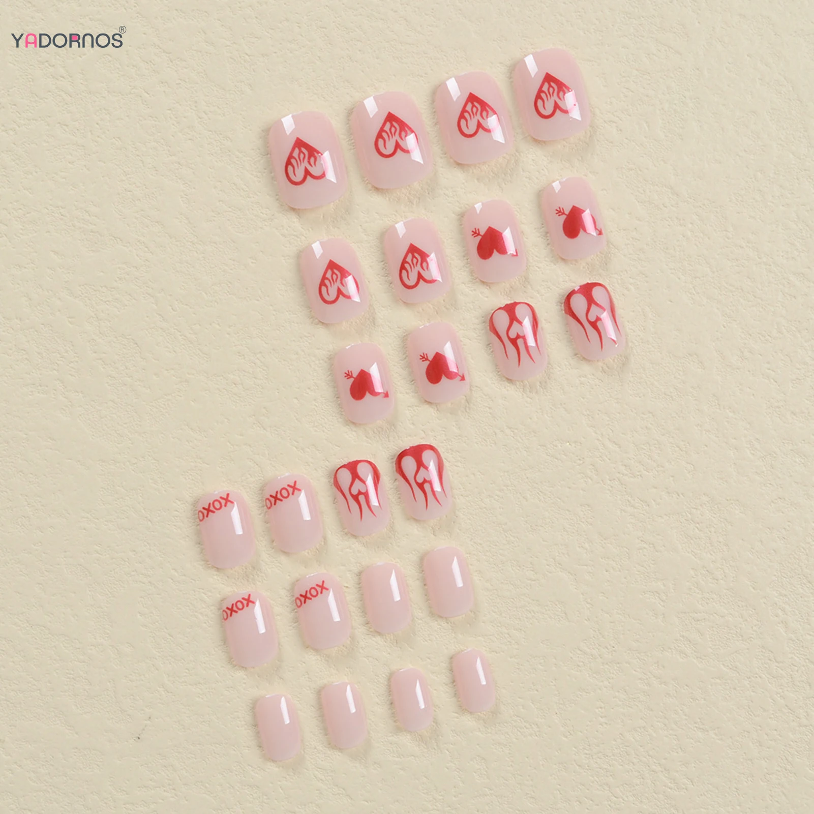 Simple Charms Fake Nails Nude Color Red Love Heart Designs Short Square Head Press on Nails for Women Girls Valentine's Day