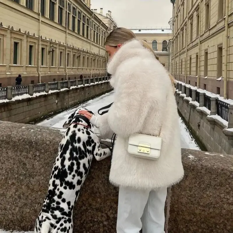 معطف فرو نسائي متوسط الطول صديق للبيئة دافئ للخريف والشتاء، ياقة مثل الثعلب، ياقة أنيقة ومريحة #2