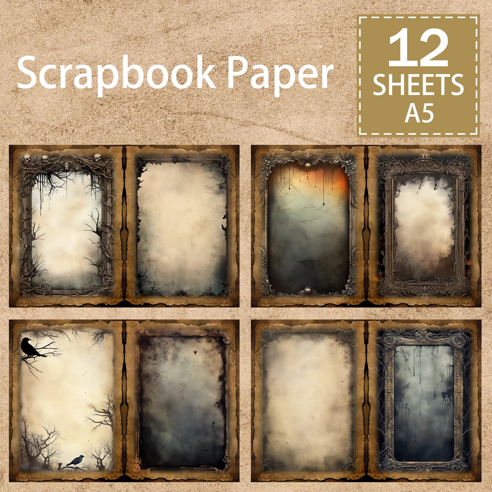 12 folhas tamanho a5 gótico escuro vintage moldura de madeira fundo vintage grunge diário planejamento scrapbooking