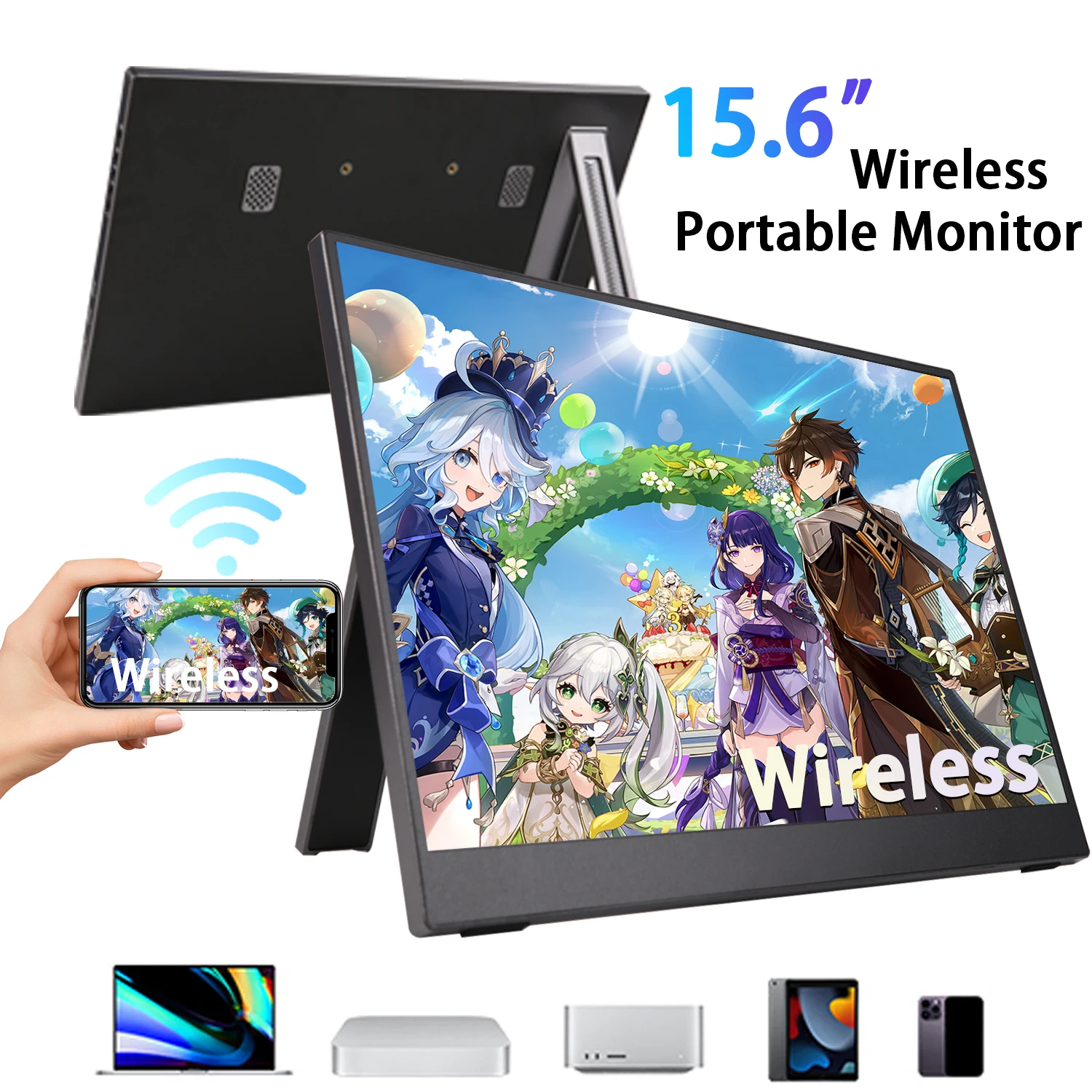 شاشة AHXJKA 15.6 بوصة لاسلكية محمولة تعمل بالواي فاي تدعم النسخ المتطابق للهاتف Miracast لأجهزة الكمبيوتر المحمولة XBox PS4 / 5 Switch