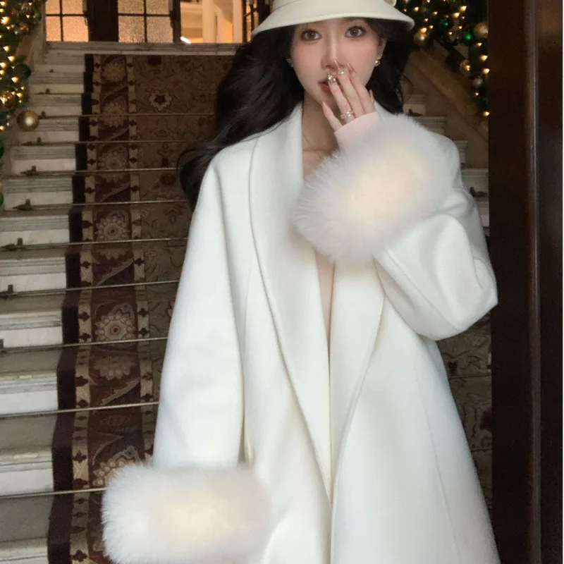 Fashion Detachable Faux Fur Cuffs Woolen Coat Women Elegant Solid Lapel Belt Long Sleeve Warm Jackets Autumn Lady Street Outwear