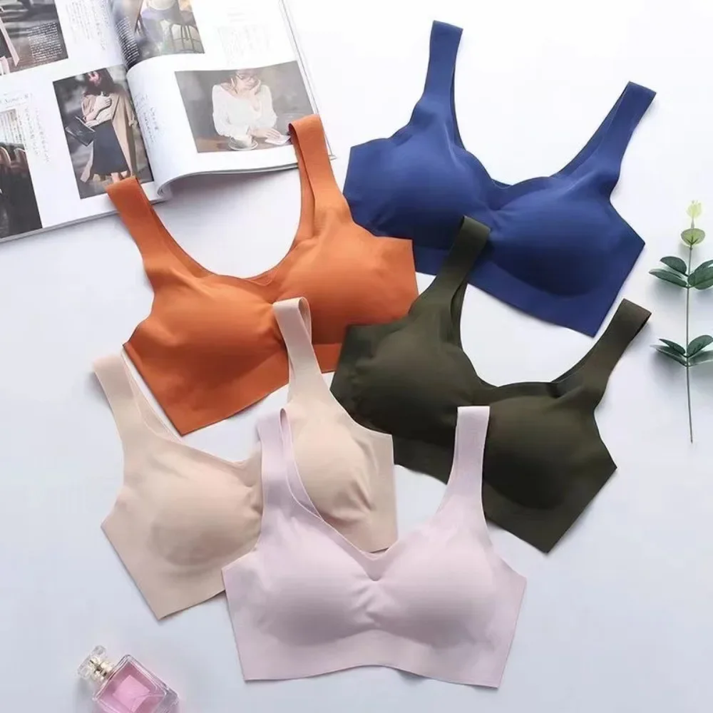 Ice Silk Bra Seamless Vest Bras Women Push Up Underwear Lingerie Sleep Top Padded Bralette No Rim Gathering Shockproof Sports