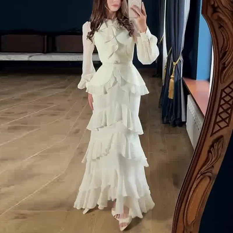 Mode dames herfstjurk met lange mouwen, elegante o-hals, gelaagde ruches, avondjurk, casual effen chiffon, onregelmatige maxi-jurken