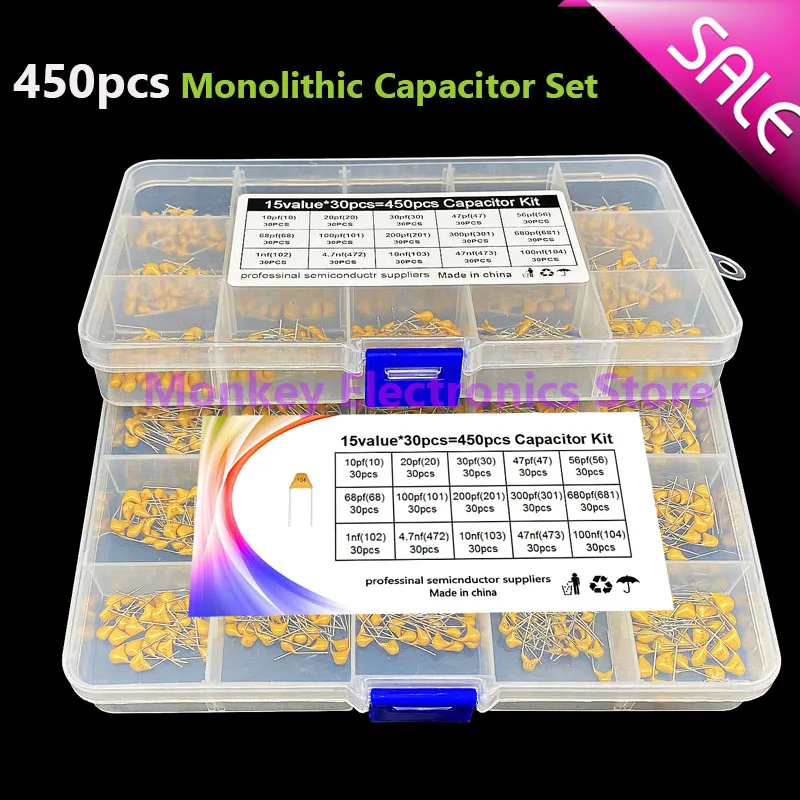 150pcs Monolithic Capacitor Sample Box Set 50V Common Insert 5.8mm 10pf-100nf 15value*10pcs