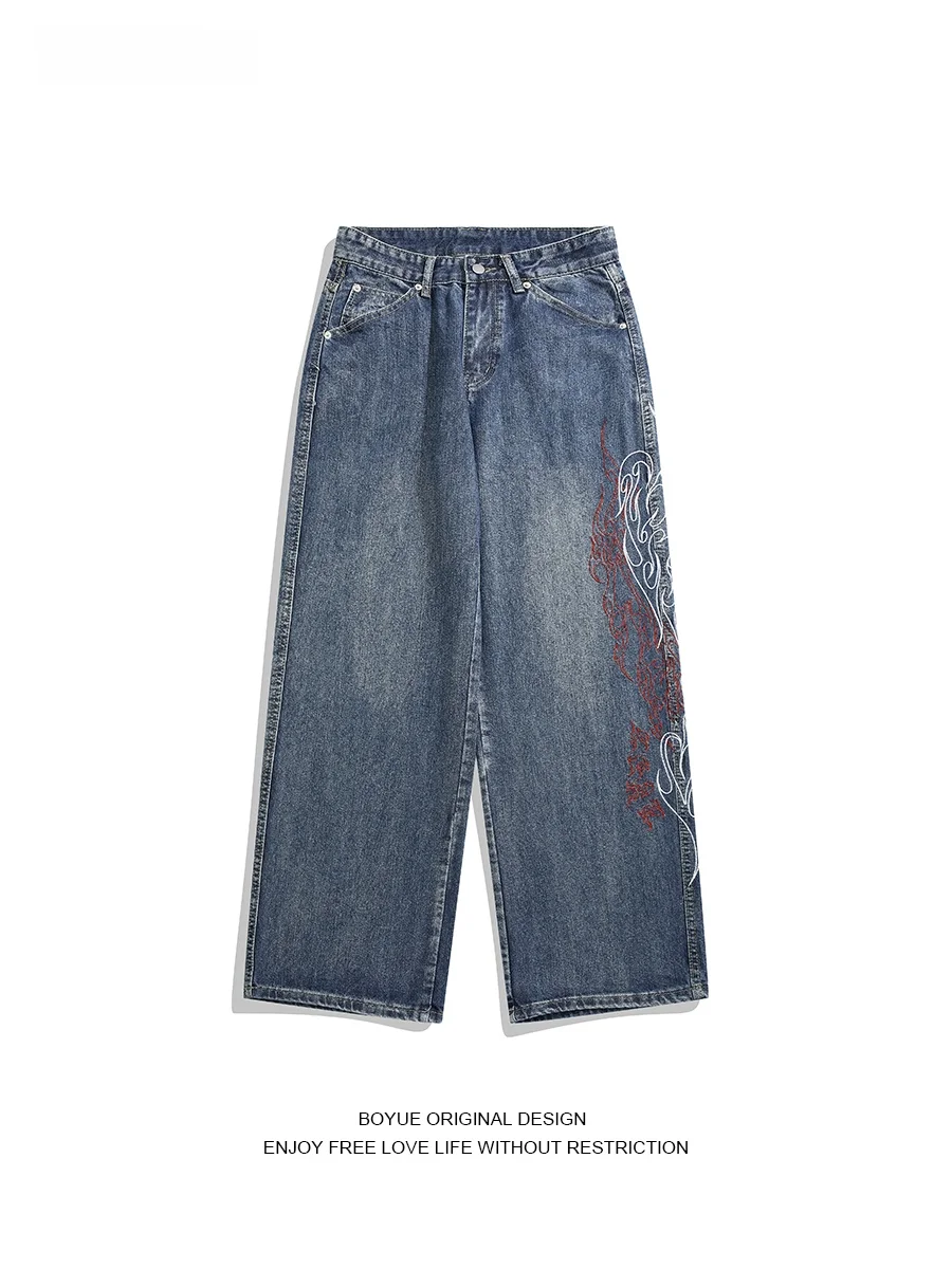 

Boyue American Retro Flame Embroidery Jeans Men's Women's High Street Waed Versatile Wide Leg Pants Cotton Polyester Blend