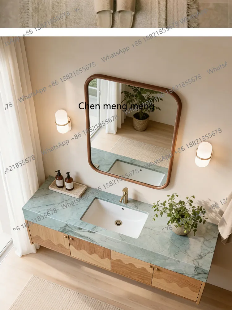 Solid wood oak bathroom cabinet combination marble countertop seamless ceramic basin wash basin cabinet