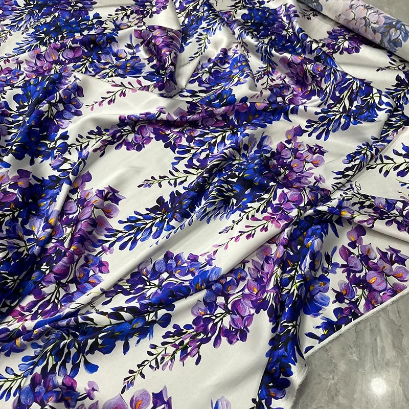 Brand Women's Digital Printing High Quality Purple Flower Bundle Natural Silk Satin Dress Skirt High Custom Fabric For Clothing