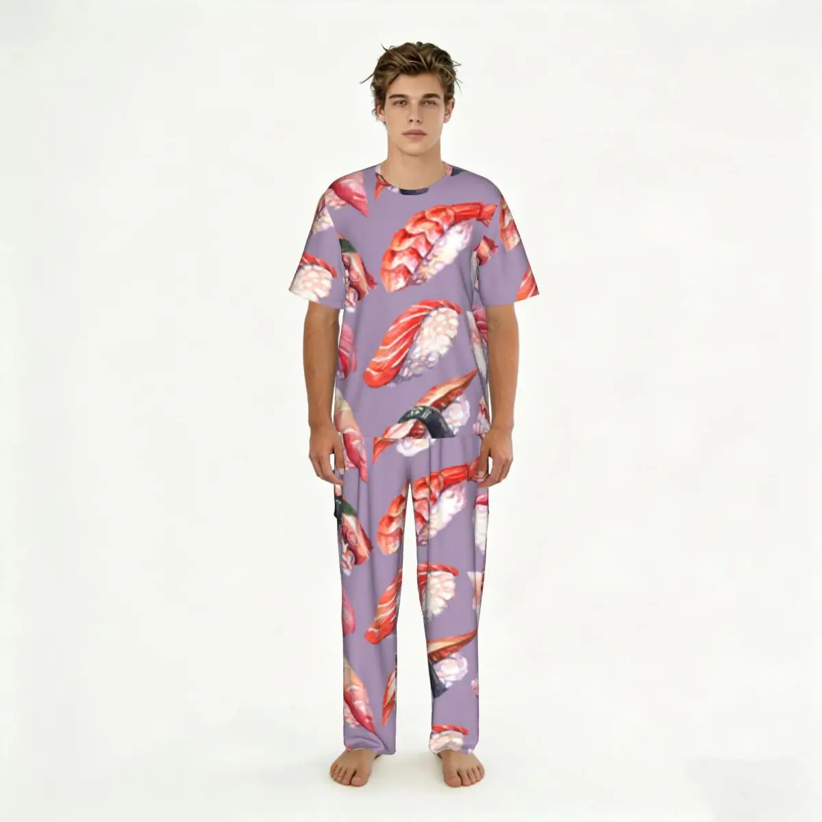 

Men's short-sleeved pajamas two-piece trousers Japanese Cuisine Sushi Illustration Background home wear suit sleepwear