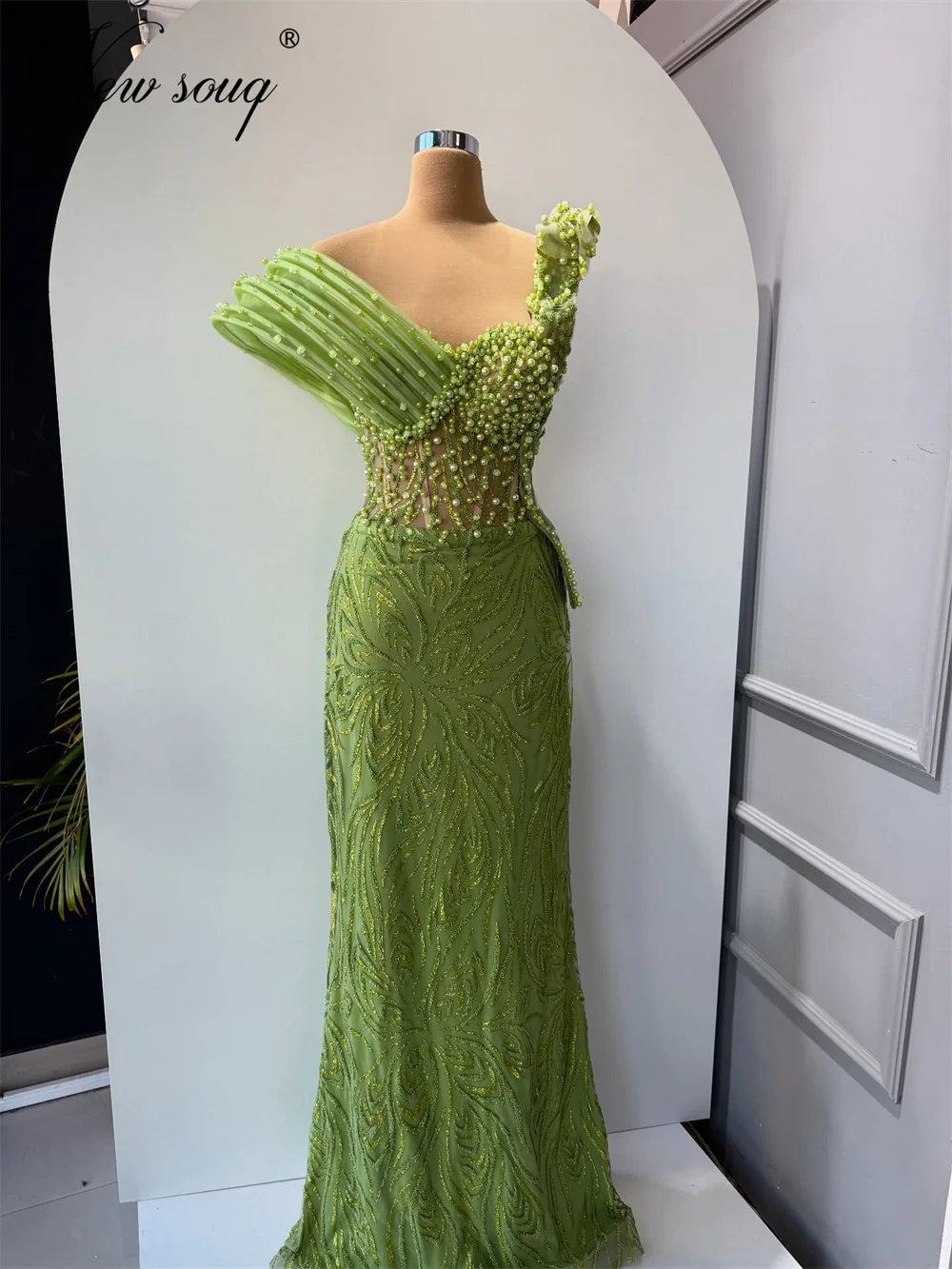 

Vestidos De Gala Зеленые вечерние платья из бисера для свадьбы на одно плечо с жемчугом Вечерние платья Коктейльное платье для выпускного вечера по индивидуальному заказу