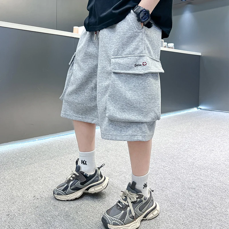 Big Boys ฤดูร้อน Capris กางเกงขาสั้นผ้าฝ้ายเด็กผู้ใหญ่สบายๆกีฬาสั้นกางเกงสําหรับวัยรุ่นเด็ก 7 8 9 10 12 13 14 15 16 ปี