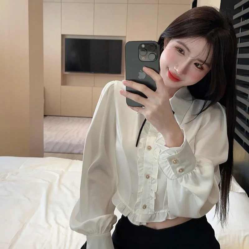 Set Blus Pinggang Tinggi Warna Putih Manis dan Pedas dengan Rok Lipit untuk Wanita, Ensemble Musim Gugur