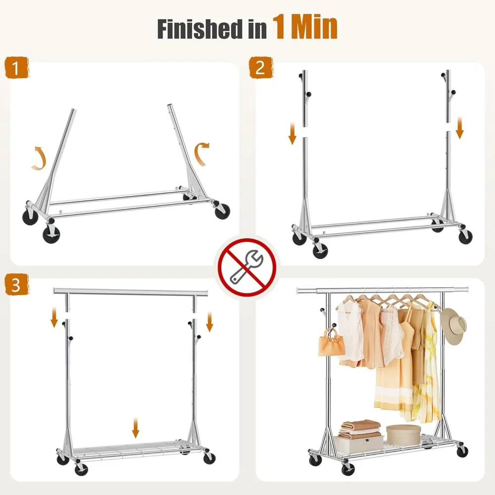 Appendiabiti in metallo resistente con capacità di 530 libbre, può contenere 200 pezzi, pieghevole, portaoggetti portatile con ruote