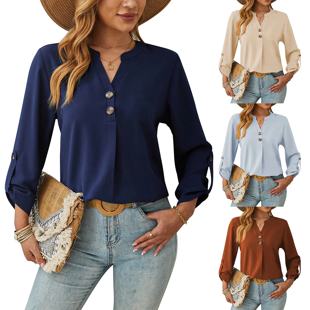 

Women's Solid Color V-Neck Button Shirt Spring Summer Elegant Roll Up Long Sleeve Blouse Tops Fashion Personalized Street Shirts