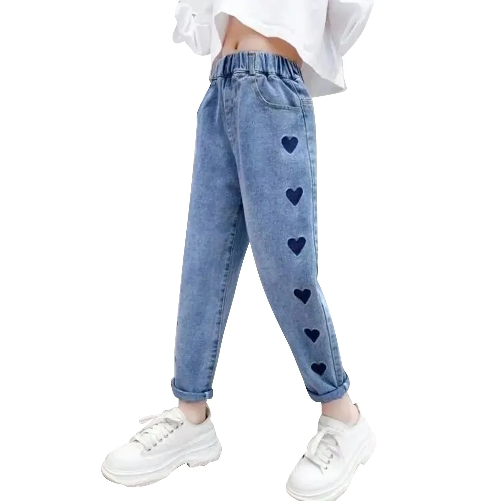 Girls' Fashion Casual And Versatile Of Every Seasons Elastic High Waist Embroidered Peach Heart Denim Washed Pants With Pockets