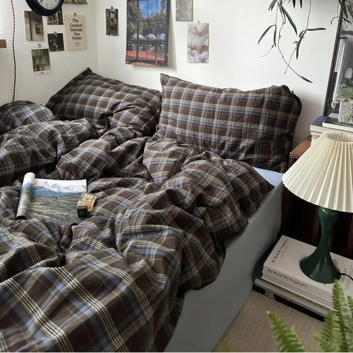 Twin Plaid Duvet Cover Set Blue Brown Buffalo Check Microfiber Bedding with Zipper Closure and 1 Pillowcase