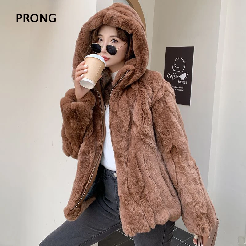 100% Real Rabbit Fur Coat Women Winter Loose Hooded Zipper Natural Fur Jacket Thick Warm Woman Clothing Female Furry Outerwears