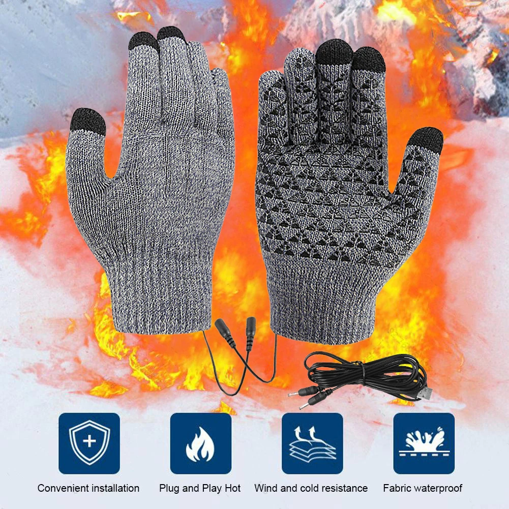 Guantes de punto con calefacción USB, guantes con dedos completos, guantes calefactables antideslizantes con pantalla táctil, guantes gruesos de ciclismo de invierno para hombres y mujeres