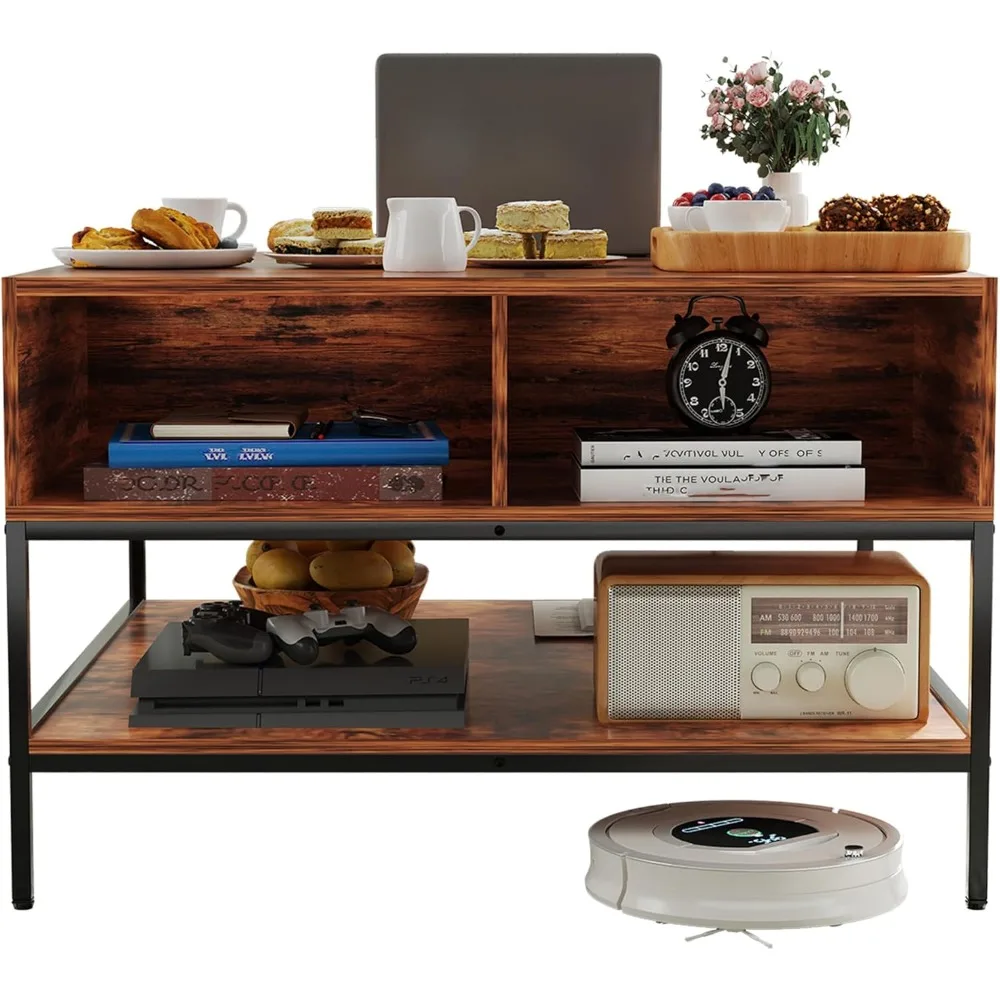 Nowoczesny prostokątny stolik kawowy w stylu farmhouse z przegródką do przechowywania i funkcją podnoszenia blatu, wykończony ciemnym orzechem i czarnym metalu.