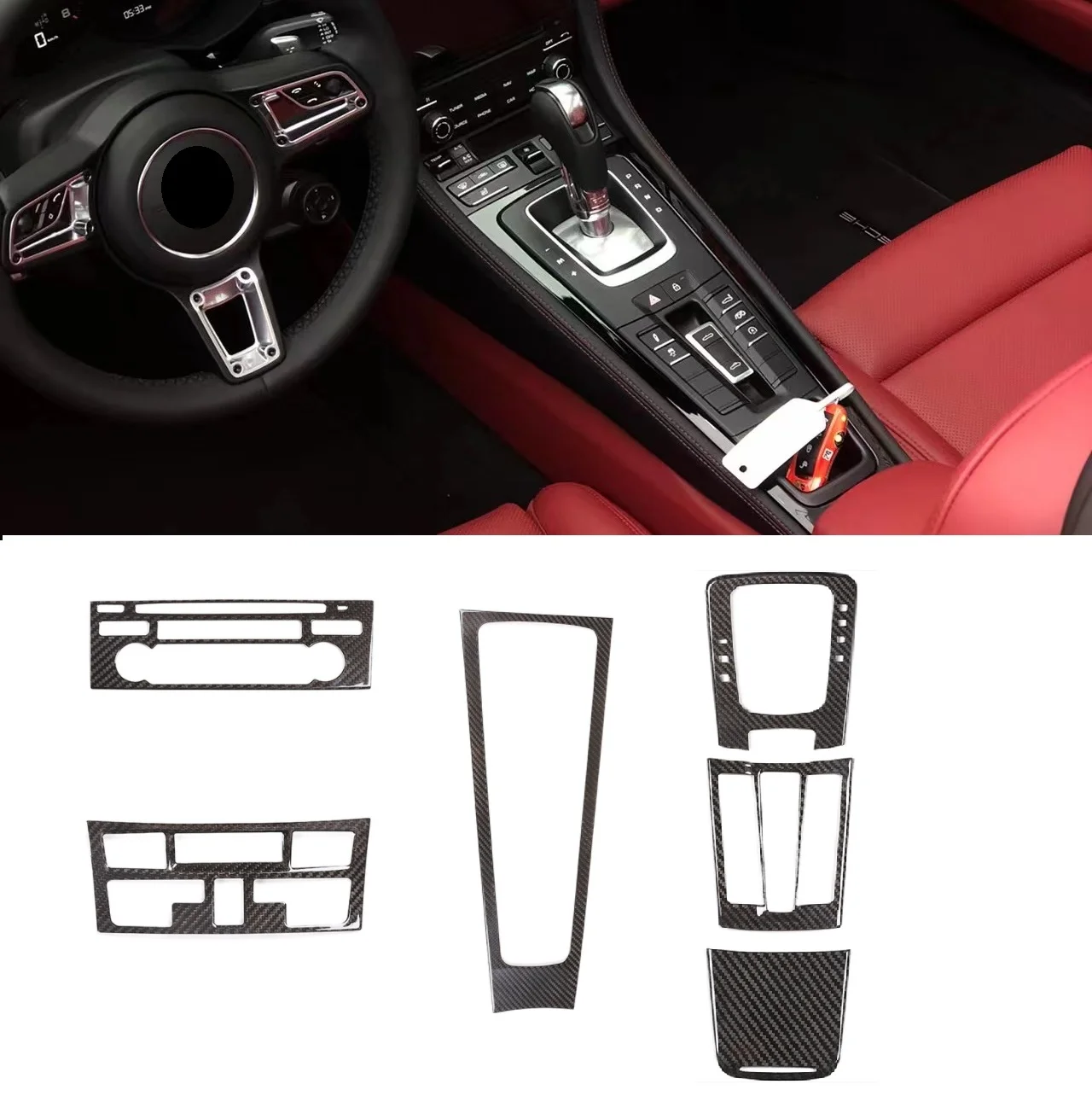 

6PCS Dry Carbon Fiber Central Console Gear Shift Cover Trim Fit For For Porsche 718 911 2012-2019