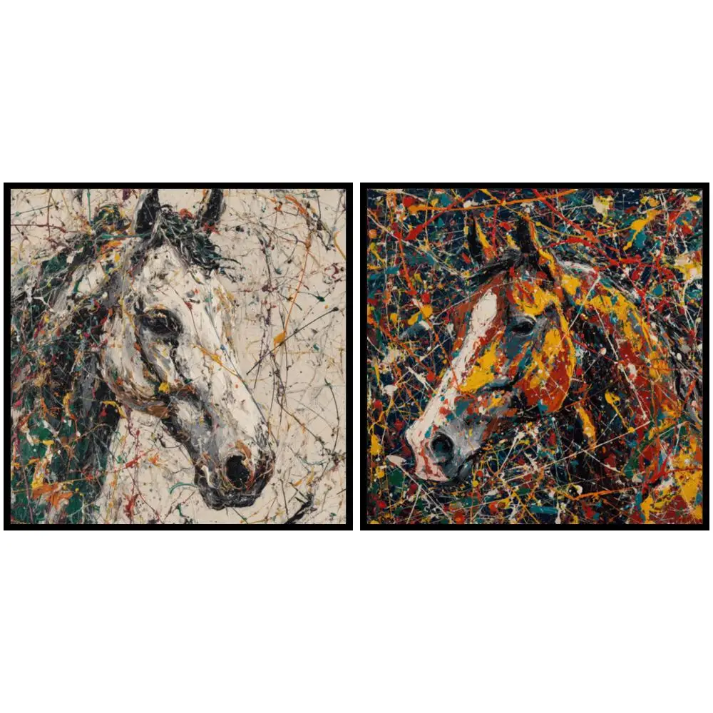 Large Splatter Horse Portrait Canvas Wall Art Abstract Equestrian HD Printed Colorful Contemporary Wall Decor for Office Studio