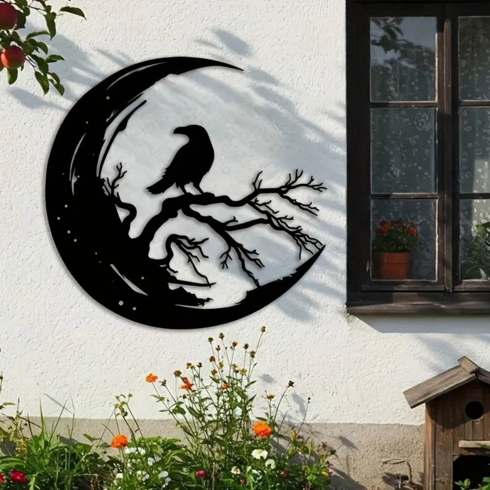 Halloween Gothic Raven Moon Metal Wall Hanging Laser-Cut Iron Sculpture Modern Decor For Home Office Patio