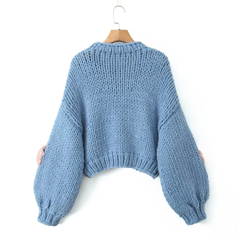 KEYANKETIAN Winter New Holiday wind Sweet Flower Crochet Sweater Lantern Sleeve Coarse Yarn Loose Women's Crop Knit Cardigans