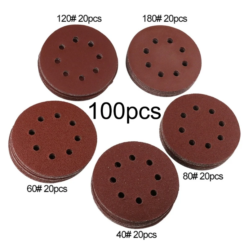 100Pcs Sanding Discs Set 5inch 8 Hole Sandpaper Including 40# 60# 80# 120# 180# Grit for Woodworking Automotive