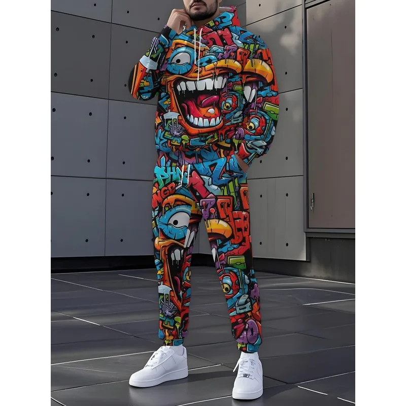 Fashionable Graffiti Printed Hooded Casual 2-Piece Loose Fitting Men'S Fashion Clothing For Daily Wear And Casual Occasions
