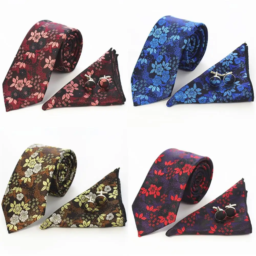 

Ricnais Fashion Floral Silk 8cm Pink Blue Tie&Handkerchief&Cufflinks Sets For Mens Business Wedding Accessories Gifts