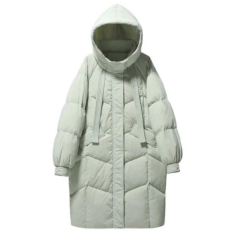 Winter Solid Loose Hooded Mid Length Down Jacket Female Thick Warm Parker Outwears Women White Duck Down Waterproof Down Jackets