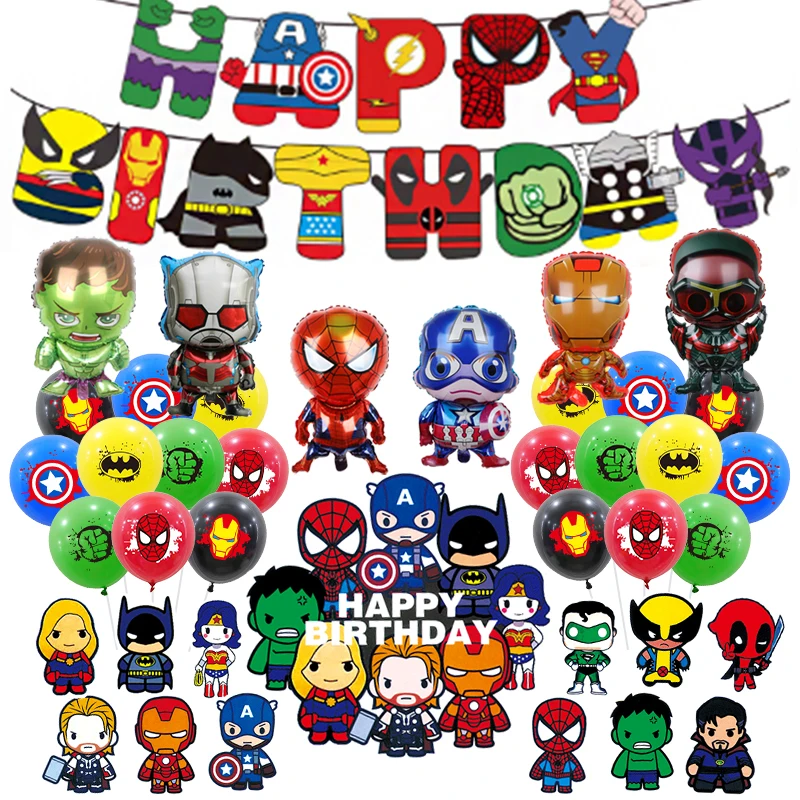 1Set Super Hero Balloons Iron Man Hulk Spiderman Balloon Set Birthday Banner Cake Topper Hero Theme Party Decoration Supplies