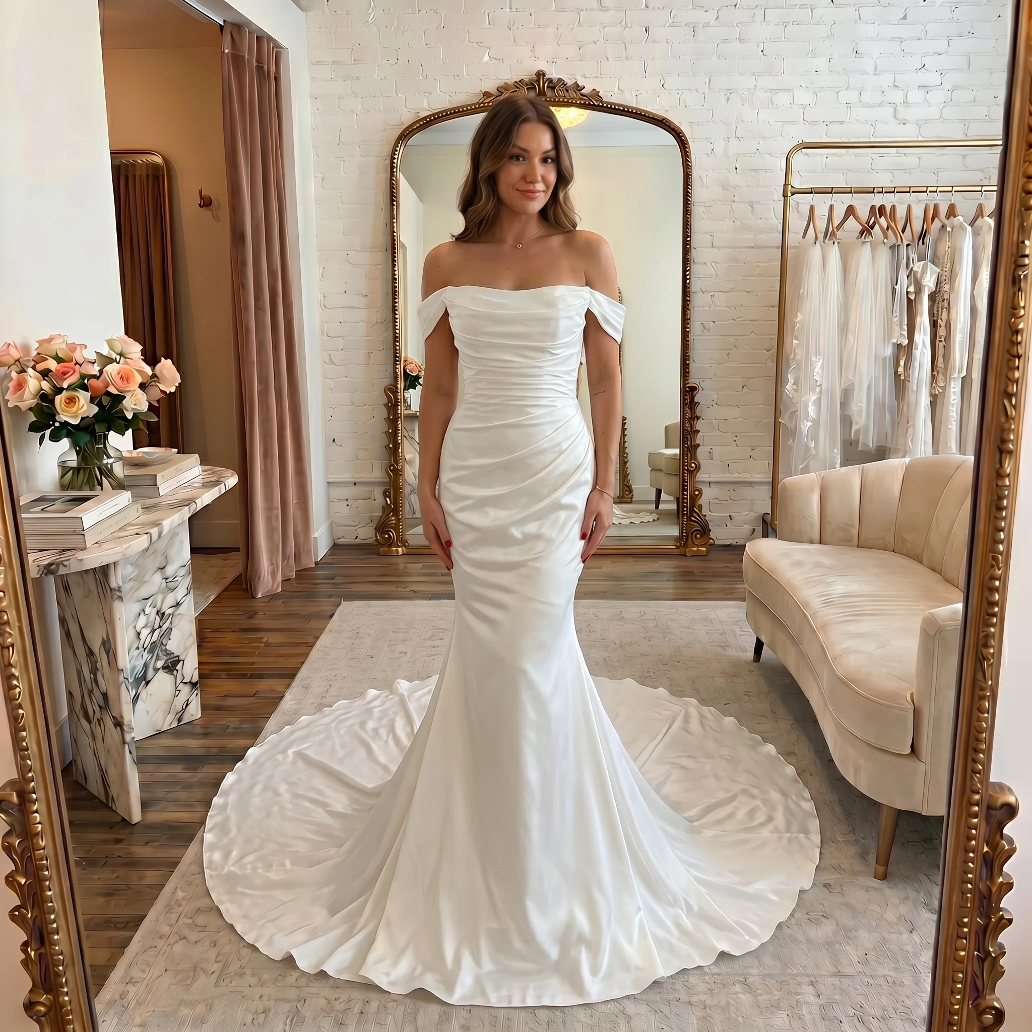 Vestido de Novia Sirena de Satén Ajustado con Cola Ancha, Minimalista y Elegante, Color Marfil Personalizado, Vestido de Novia Sencillo