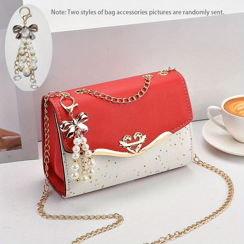 Star Sequins Crossbody Clutch Bag Lady Sweet Fashion Chain Shoulder Bag Women Heart & Bow Decor Square Purse