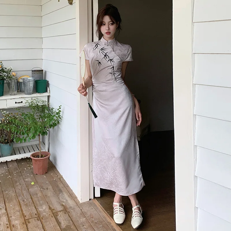 New Chinese Style Bamboo Cheongsam Dress, Summer 2024, Stand Up Collar Embroidered Slimming Mid Length Formal Dress Self Cultiva