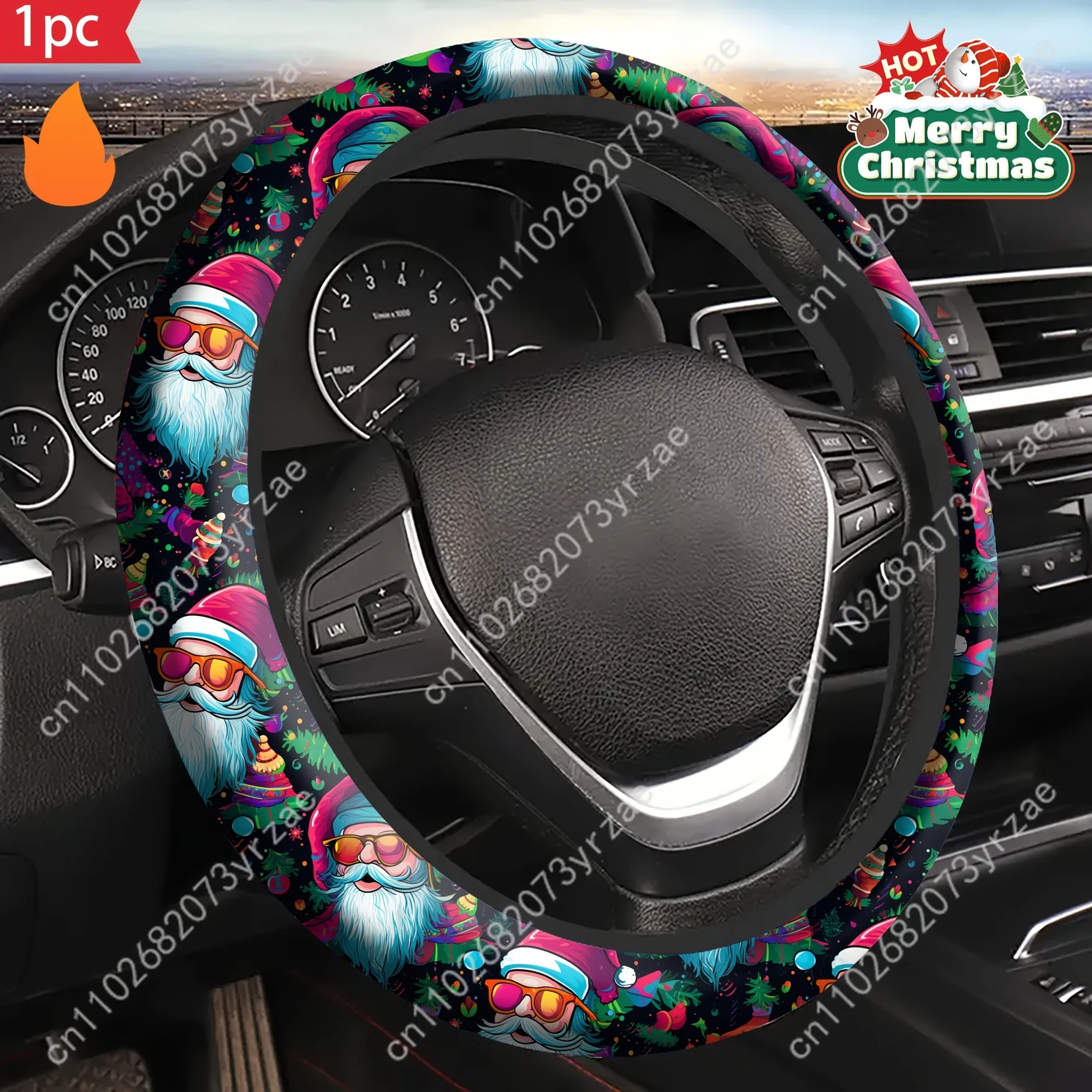 

Santa Claus with Glasses Tree Car Steering Wheels Cover Universal Type Environmental Friendly Comfort Steering Wheel Wrap
