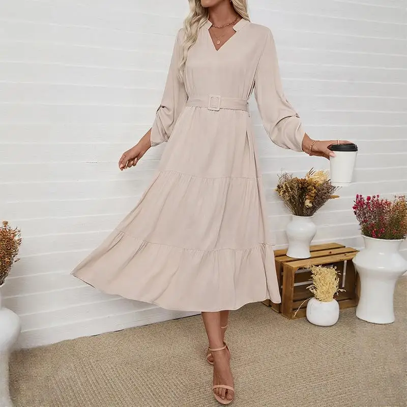 

Elegant Commuter Casual Long Sleeve Stand Collar Dress Skirt with Belt High Waist Gel Fiber a Line Single Piece Autumn 2025