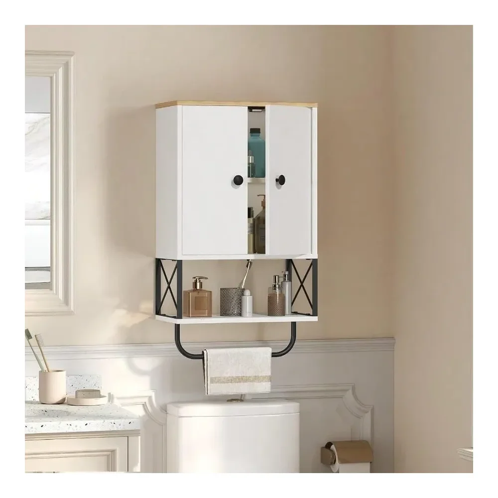 

Wall Cabinet With 2 Door And Adjustable Shelf, Medicine Cabinet With Towel Rack, 3Tier Wall Mounted Storage Cabinet Over Toilet
